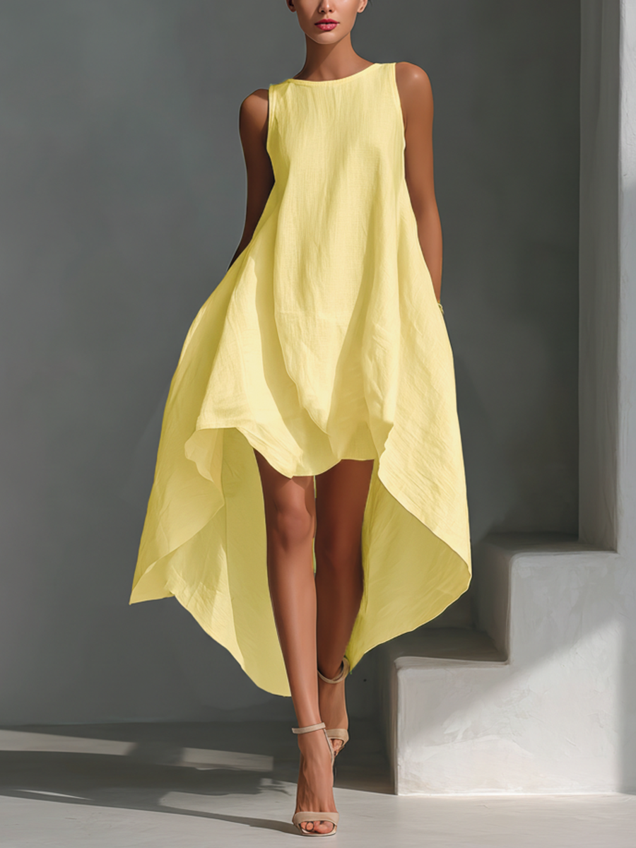 White Linen Sleeveless Midi Dresses for Women with Round Neck and Asymmetrical Skirt MDZ0987B9T