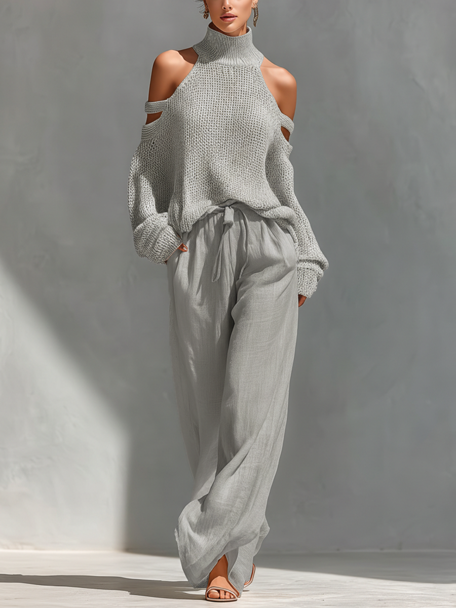 High Neck Top Set with Cold Straps in Beige Cotton and Wide Pants