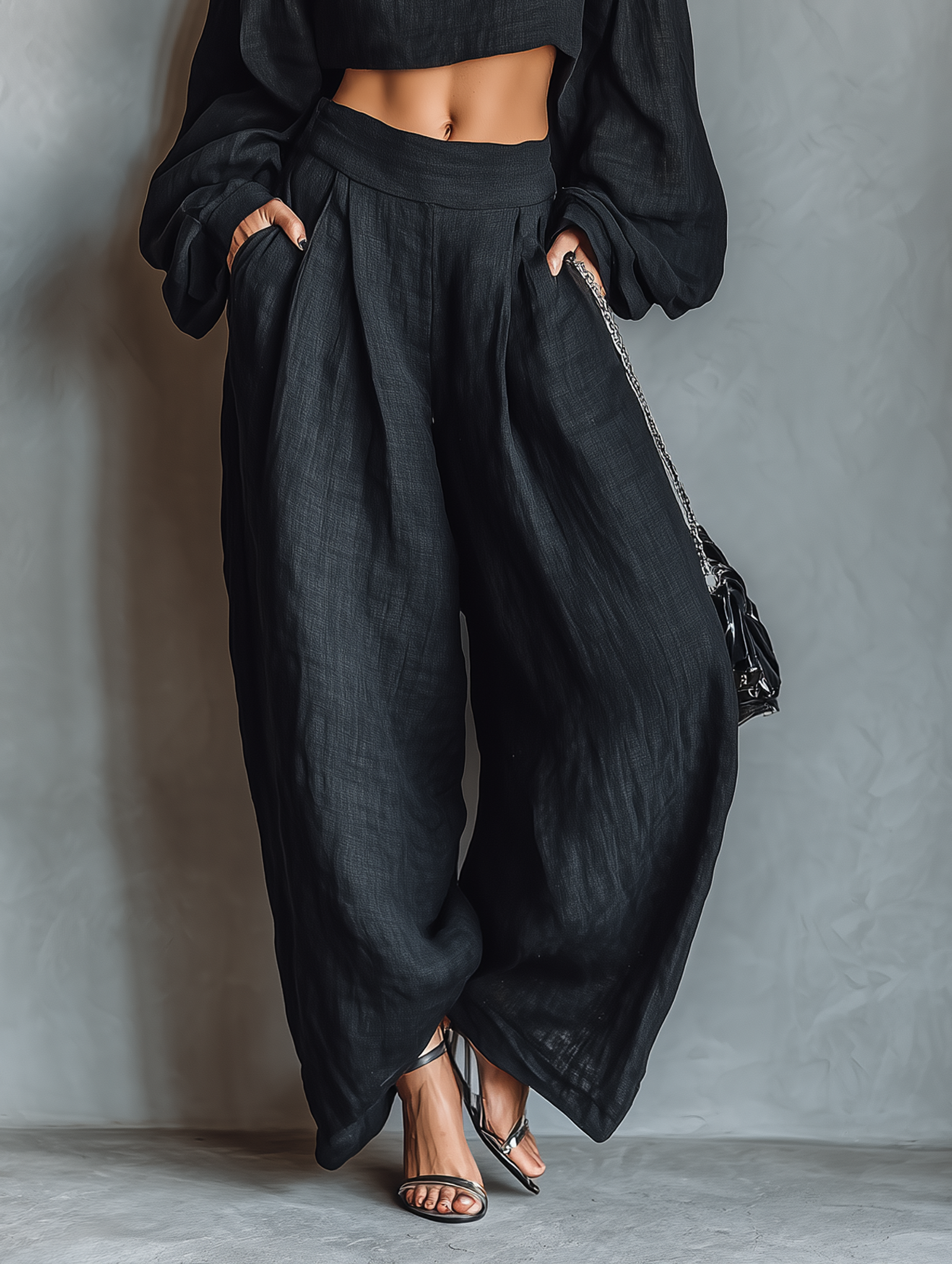 Women's Minimalist Linen-Colored Bodysuit Without Sleeves with Wide Pants MDA1900L7Y