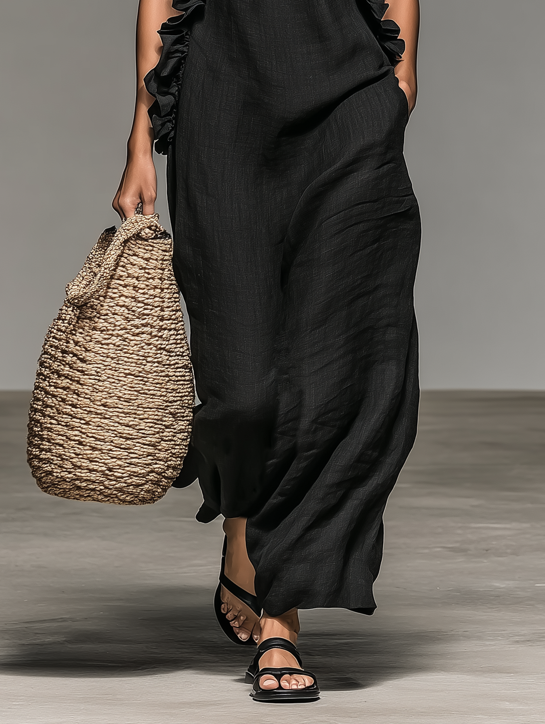 Sleeveless Maxi Dresses Made of Minimalist Linen Fabric with Ruffle Details