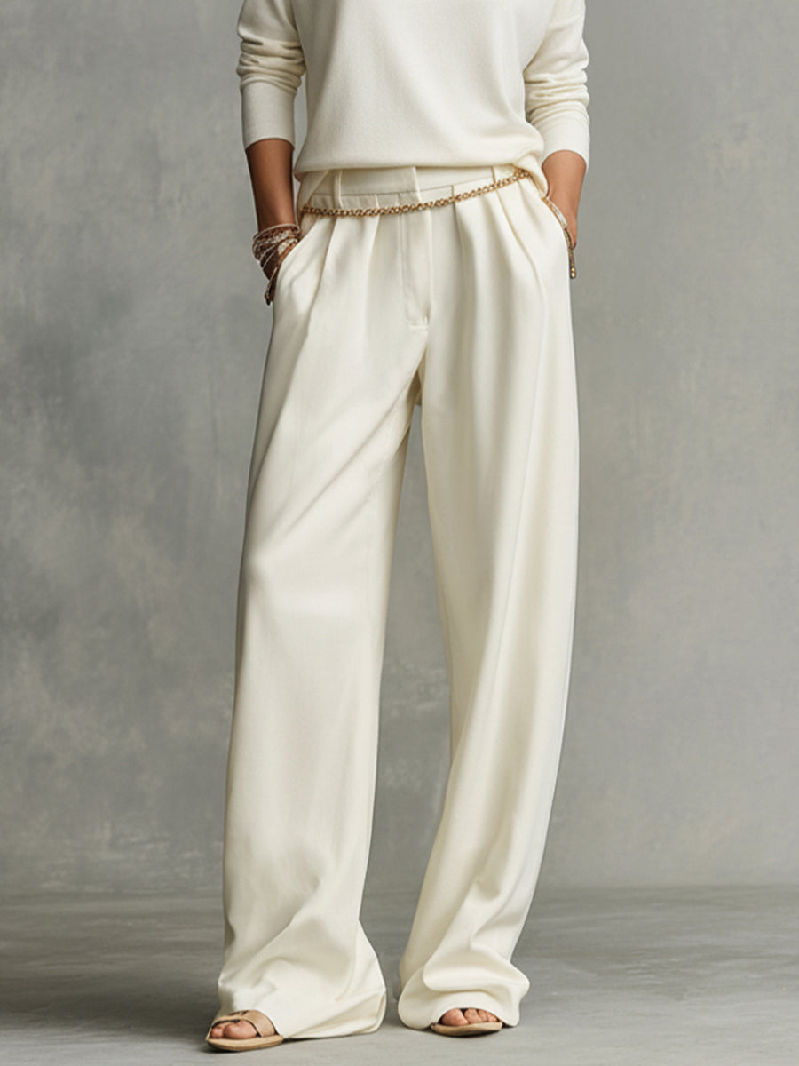 Women's Turtleneck Top in Cream Color with Wide and Spacious Pants MDA0185K5I