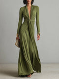 Olive Silk Women's Dress with a Fitted Cut, Deep V Neckline, and Crinkled Details, Shimmering Maxi Dress MDA0509L8I