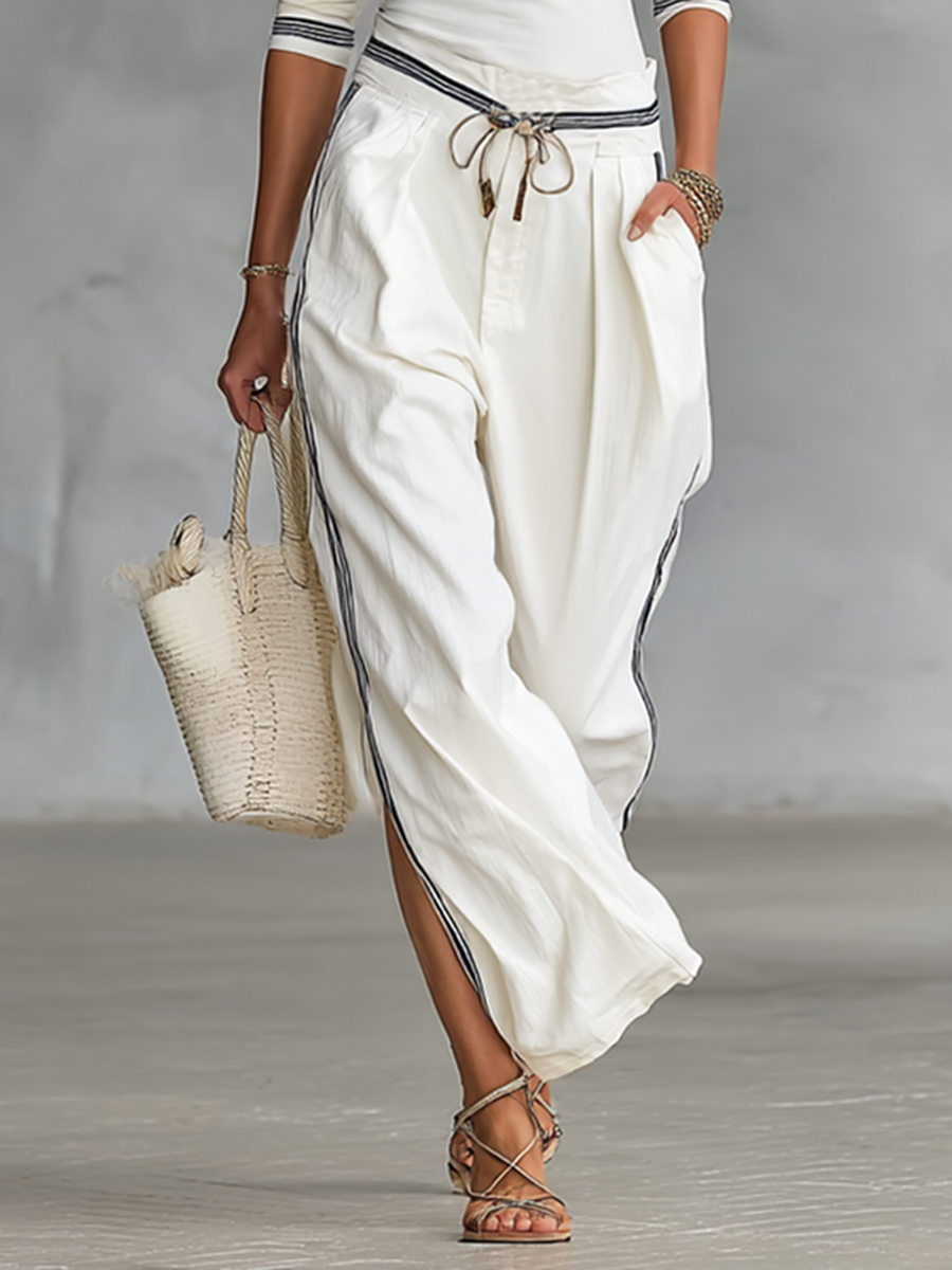 Two-Piece Set of T-Shirt with High Collar and Wide Leg Pants with Drawstring for Women MDA2569G9Y