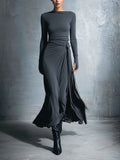 Elegant Gray Maxi Dresses for Women Made from Stretch Fabric - Maxi Dress with Tie MDA1401H9I