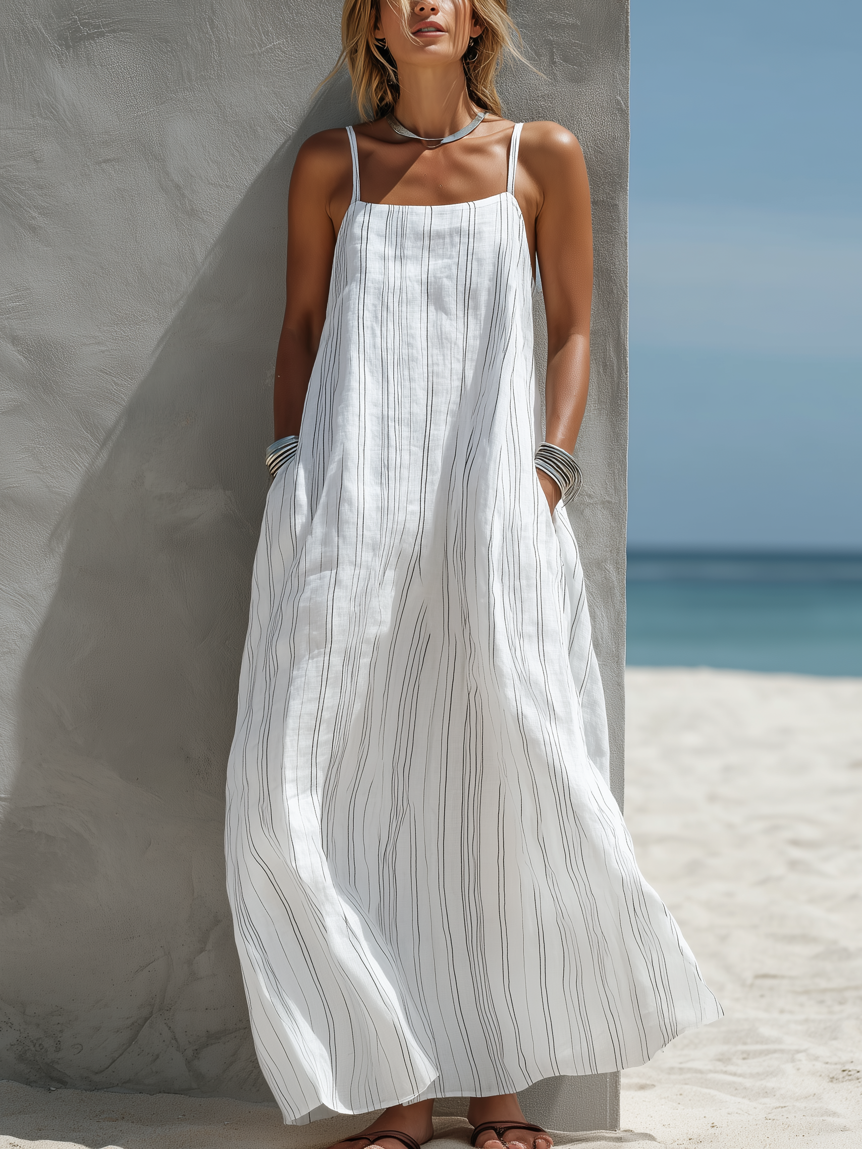 Long Dresses for Women with Vertical Stripes, White, Light and Flowing MDZ0324C9AN