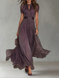 Flavia - Long Purple Dress with Teardrop Neckline and Silk Lace Decoration