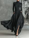 High Neck T-Shirt and Pleated Dress Set for Women in Solid Black MDA1366H1Y