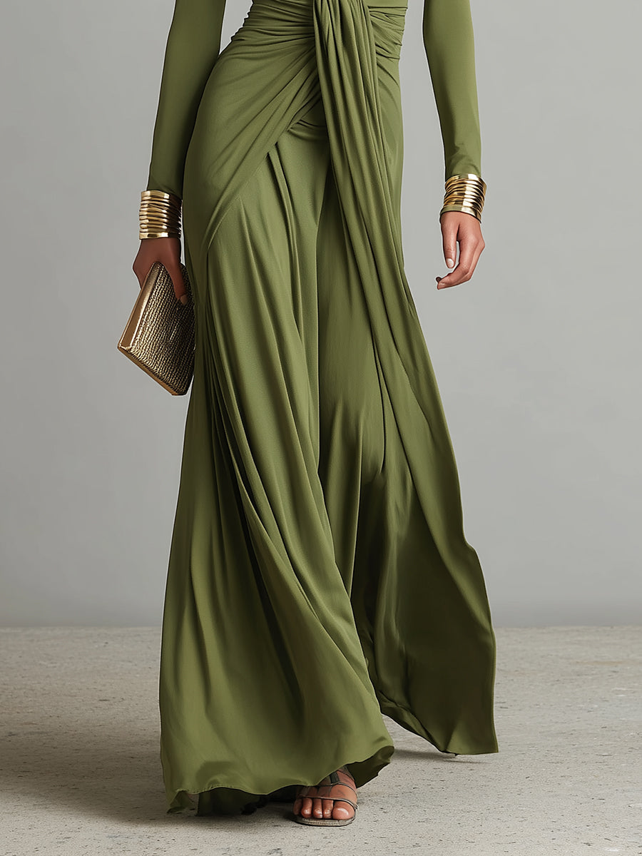 Olive Silk Women's Dress with a Fitted Cut, Deep V Neckline, and Crinkled Details, Shimmering Maxi Dress MDA0509L8I