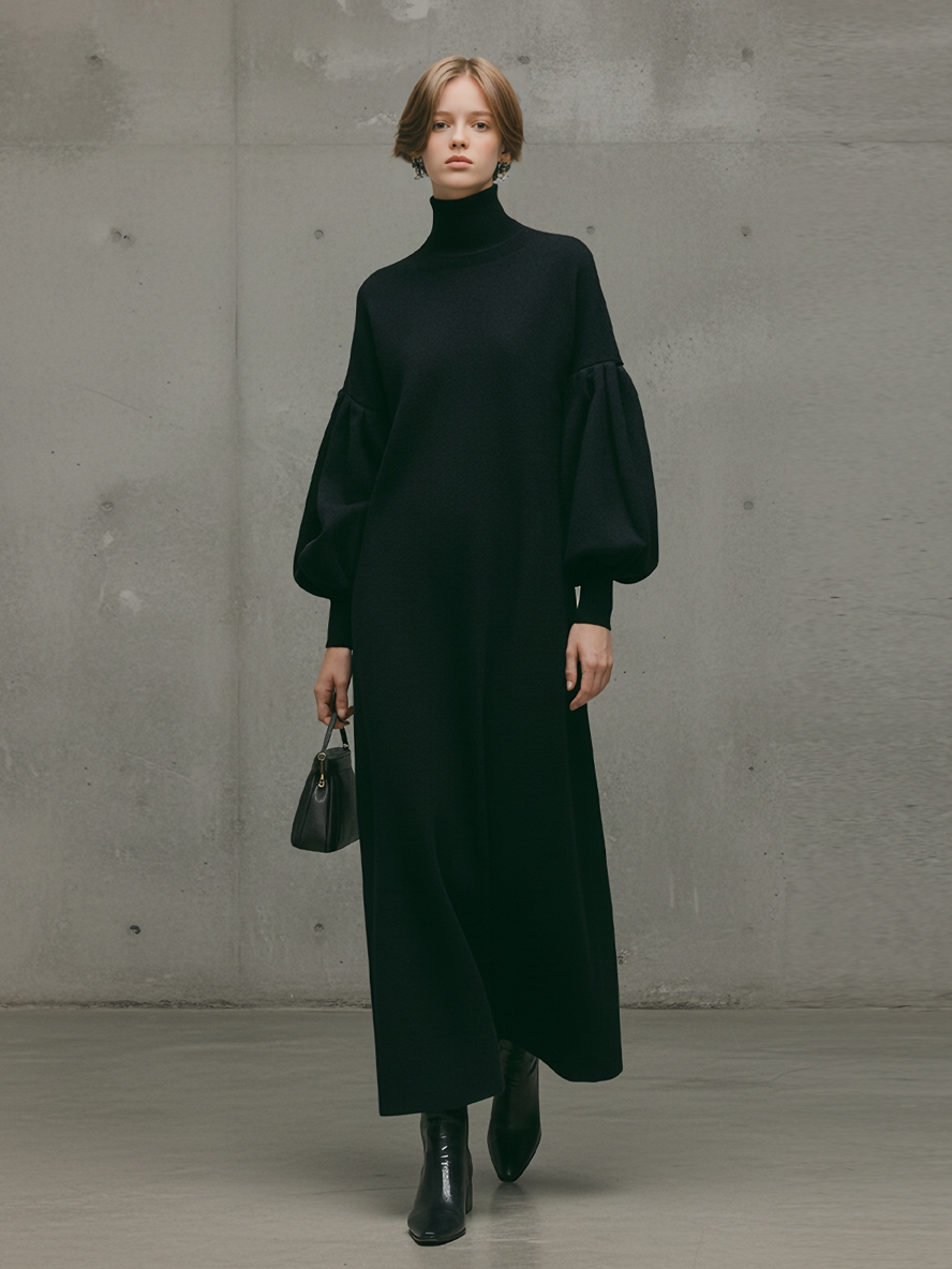 Modern Maxi Dress for Women with Black Turtleneck and Puff Sleeves MDA1503L6AU