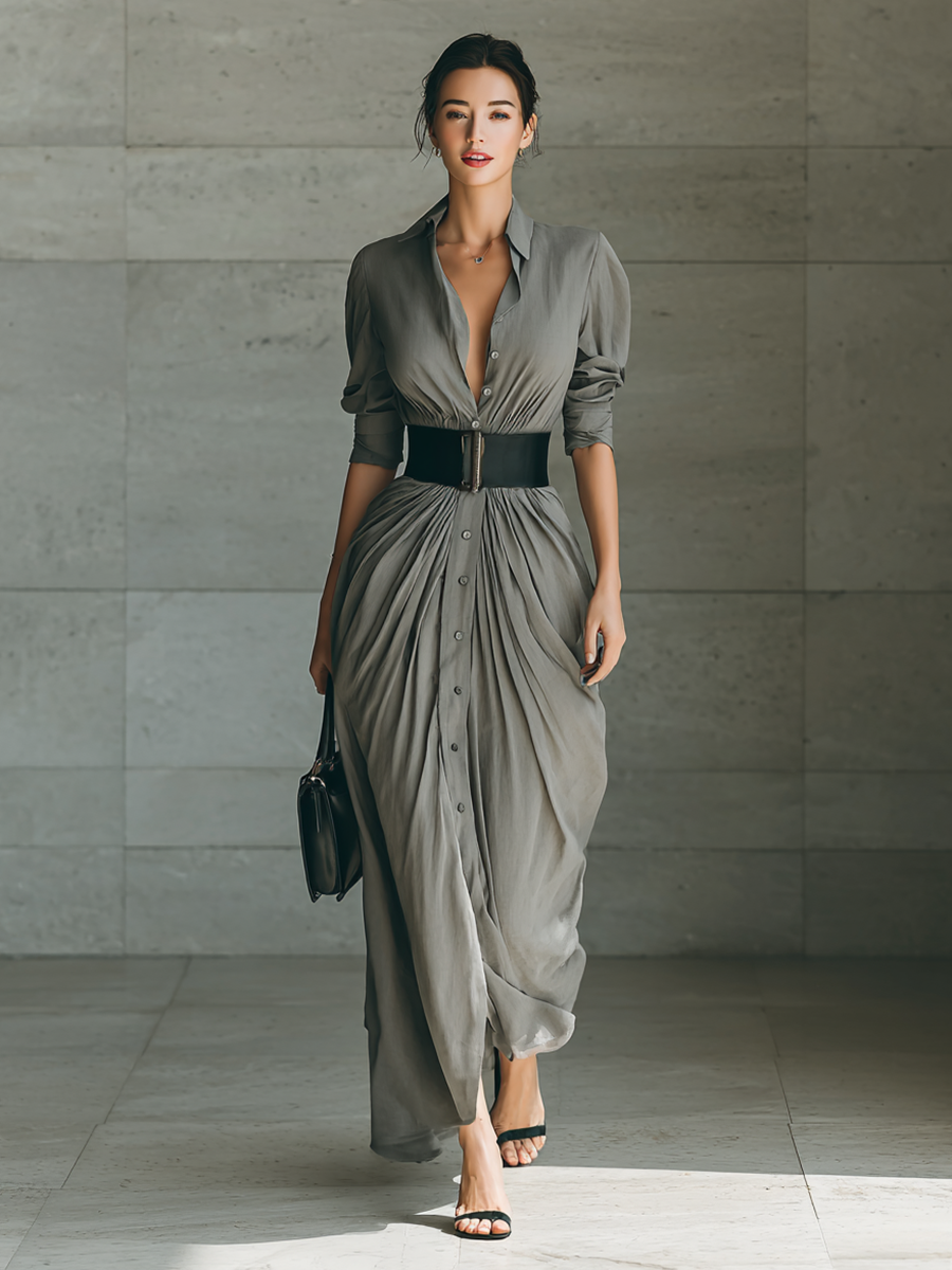 Maxi Dresses with Classic Collar and Long Sleeves for Women MDA1758G1Y