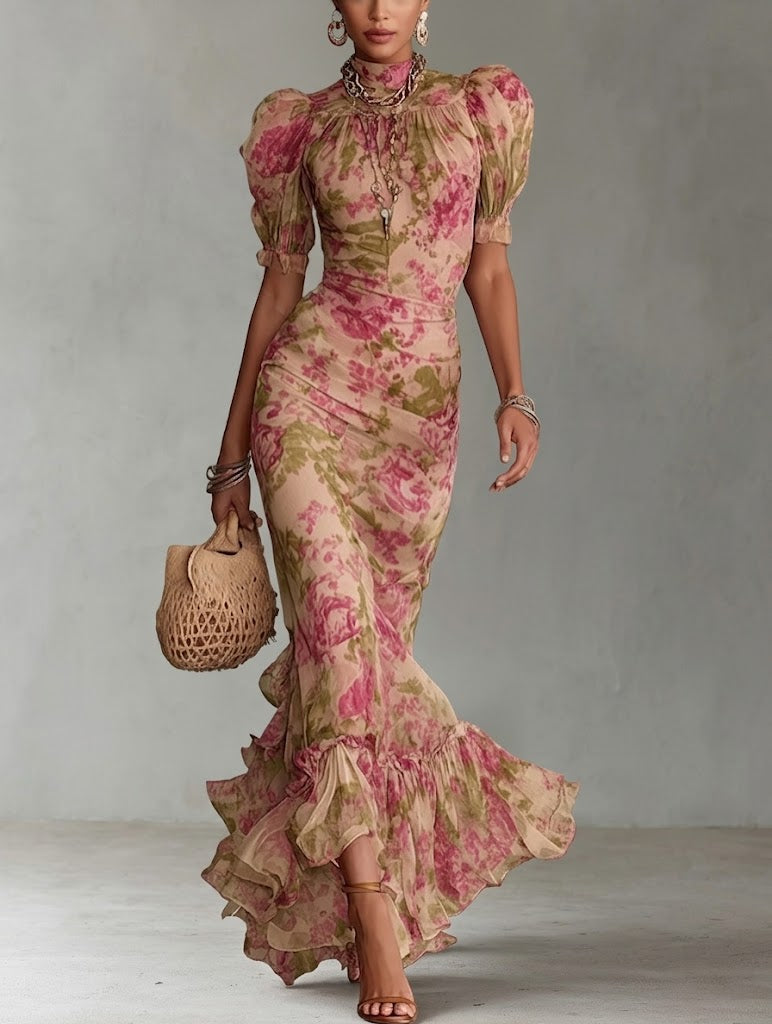 Fiore - Long Dress with Vintage Rose Print and Puff Sleeves