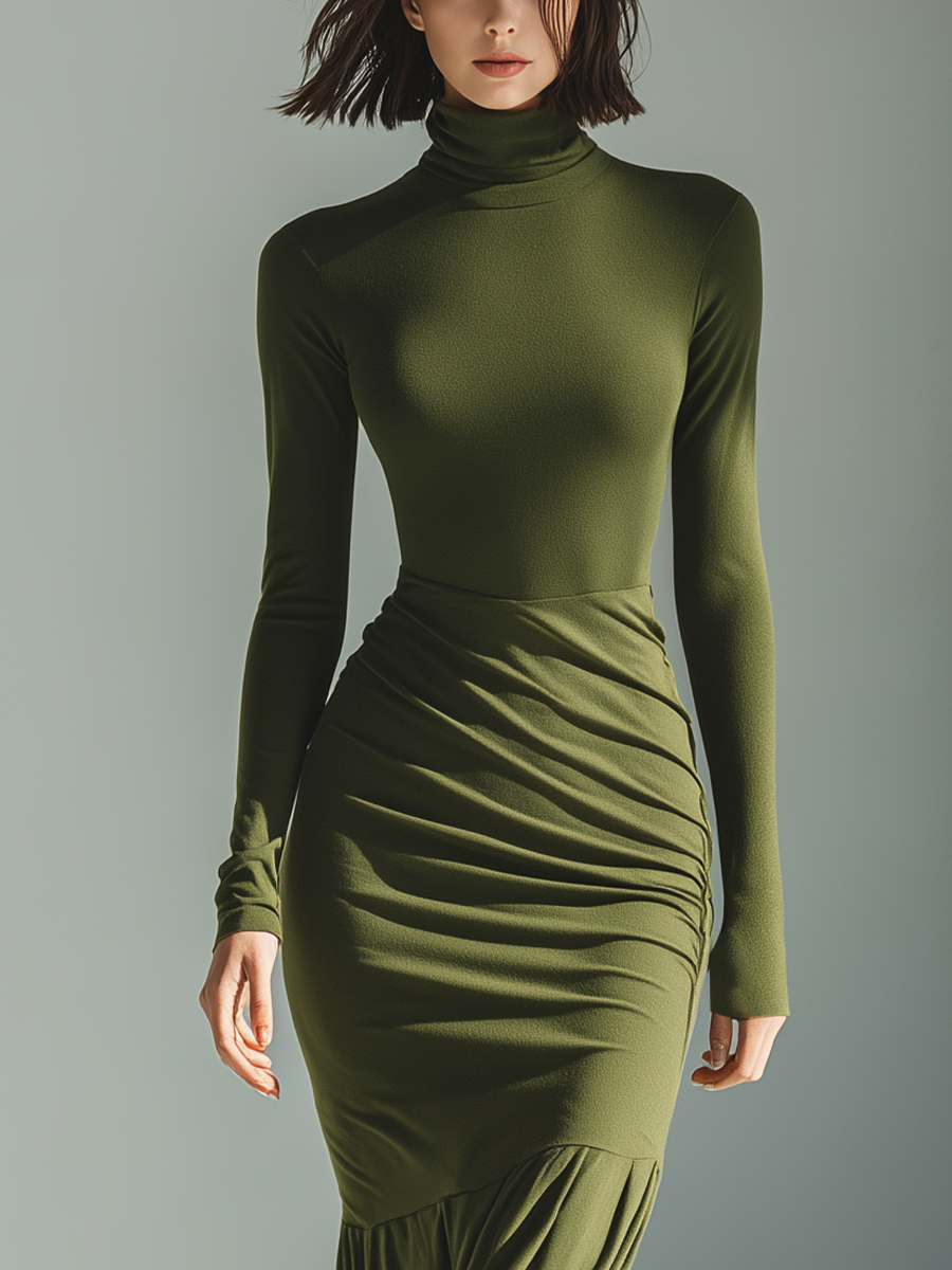 Maxi Dress for Women in Military Green with High Neck, Stretch Fabric, and Fitted Look MDA0556K1T