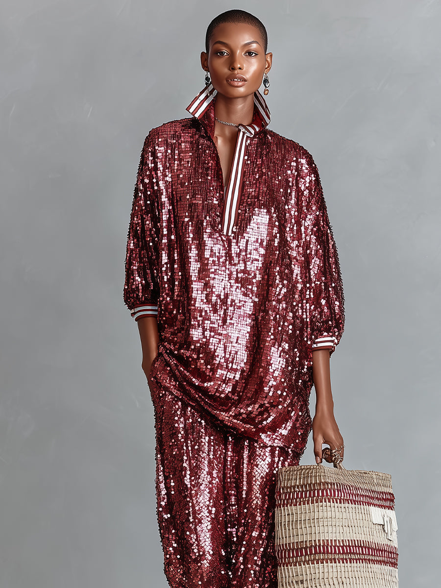Shiny Burgundy Women's Loungewear Set with Sequins and Straps - Wide Cut MDA3059I3I