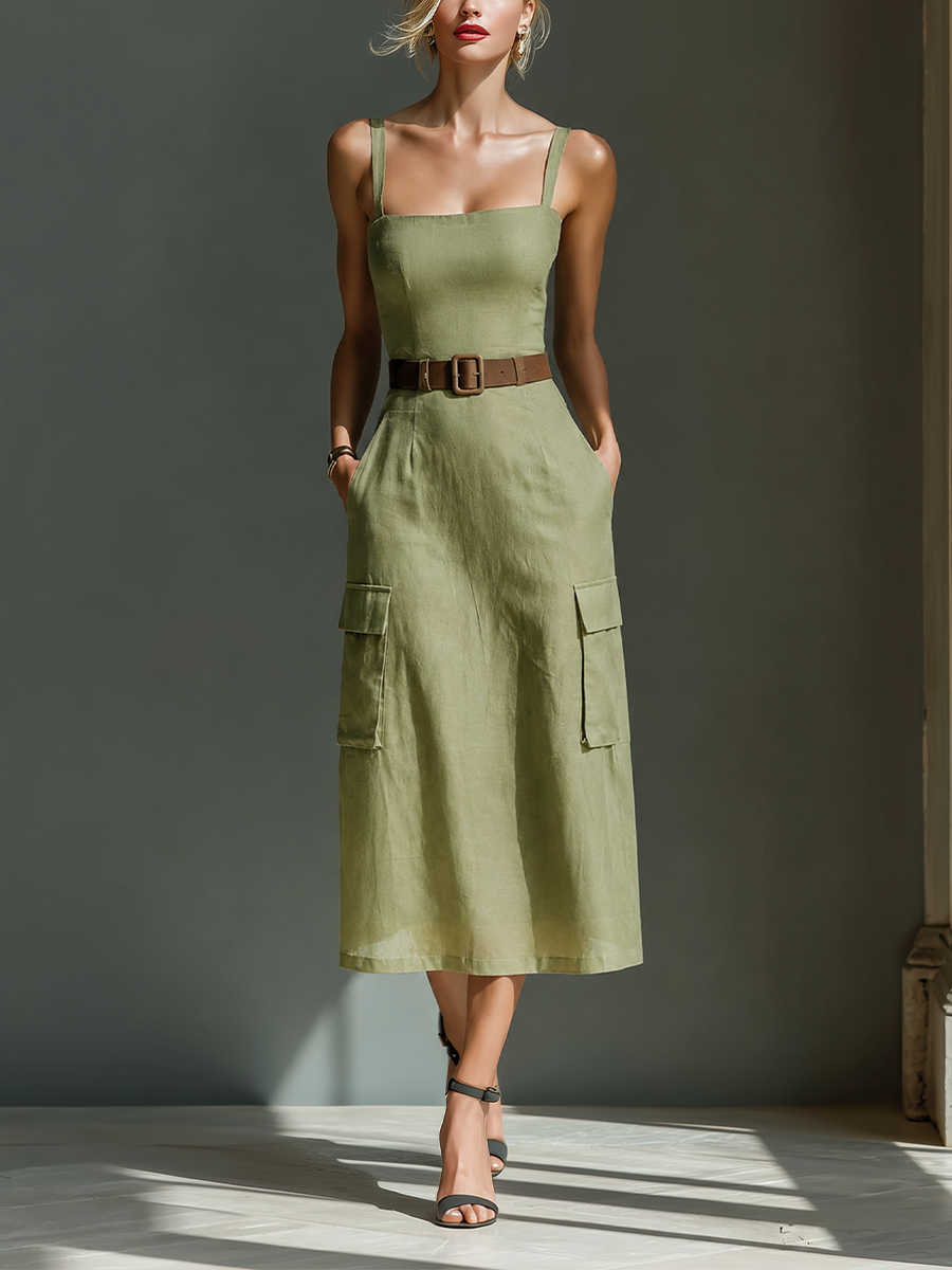 Olive Green Midi Dress for Women Made of Linen Fabric, Sleeveless with Cargo Pockets and Waist with Belt MDZ2753A1T