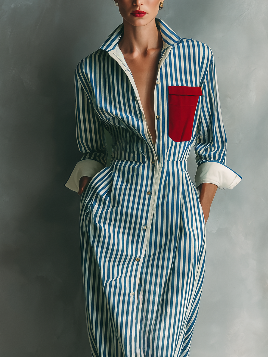 Shirt Dresses with Blue and White Stripes for Women with a Red Chest Pocket MDZ1286C2T