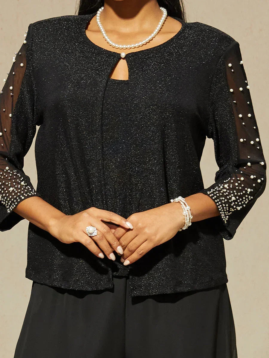 Metallic Textured Shirt with 3/4 Sleeves and Pearls