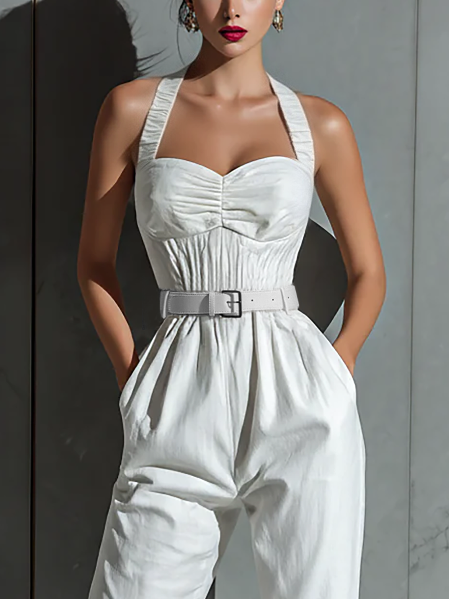 Women's Ivory Suit with Wide Legs and Embellished Waist MDZ0674B7T