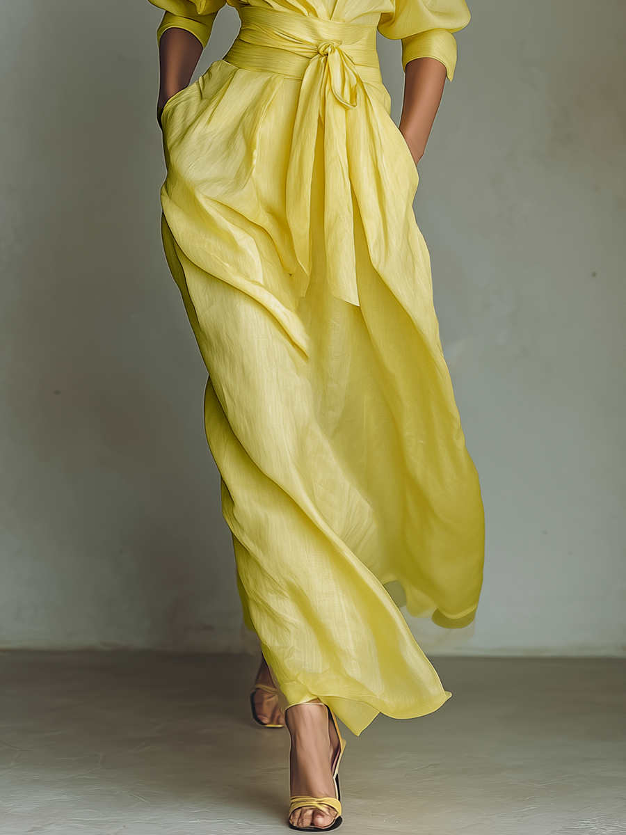 Cotton and Linen Maxi Dresses in Lemon Yellow for Women with Tie Belt and Half Sleeves MDZ2884A4T