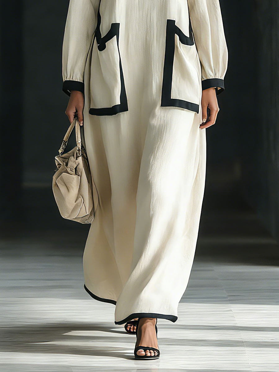 Women's Maxi Dress in Beige Made of Cotton and Linen Blend with Square Neckline, Black Finish, and Large Pockets MDZ1507A0T