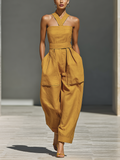 Women's Mustard Suit with Crossed Collar and Loose Pants MDZ2808B6T