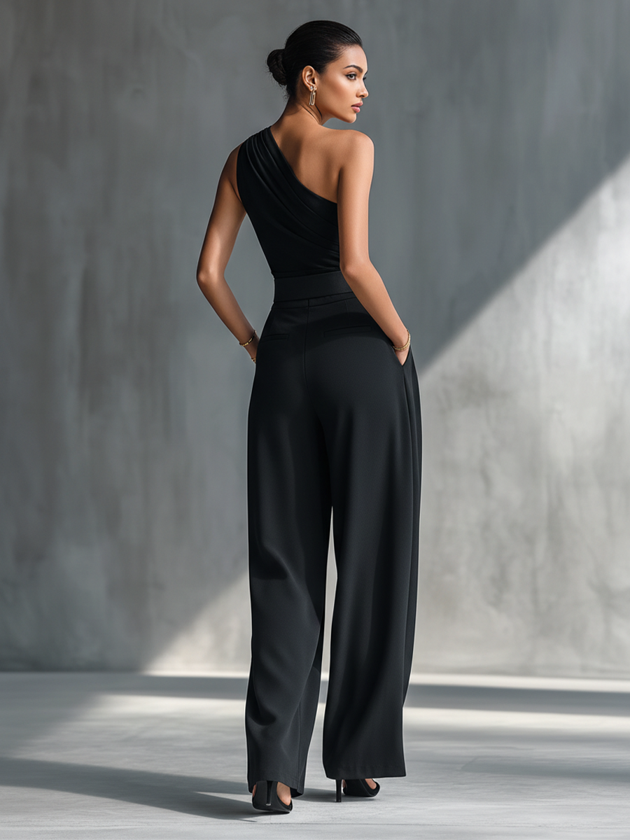 Black Crocheted Top for Women with High Elasticity and Wide Linen Pants MDZ1068B3T