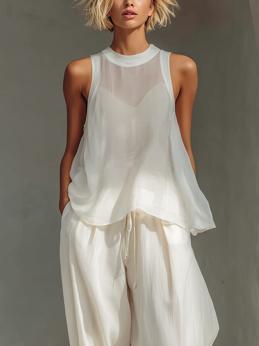 Two-Piece Set for Women in Cream Color with Sleeveless Sheer Silk Top and Wide Skirt Made of Cotton and Linen MDZ1039C4T