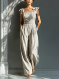 Women's Beige and White Striped Linen Suit with Square Collar and Ties MDZ2733B8T
