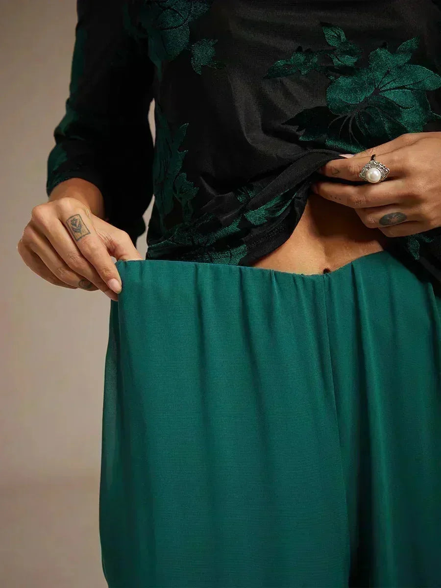 Straight Leg Pants with Chiffon Layer and Cut