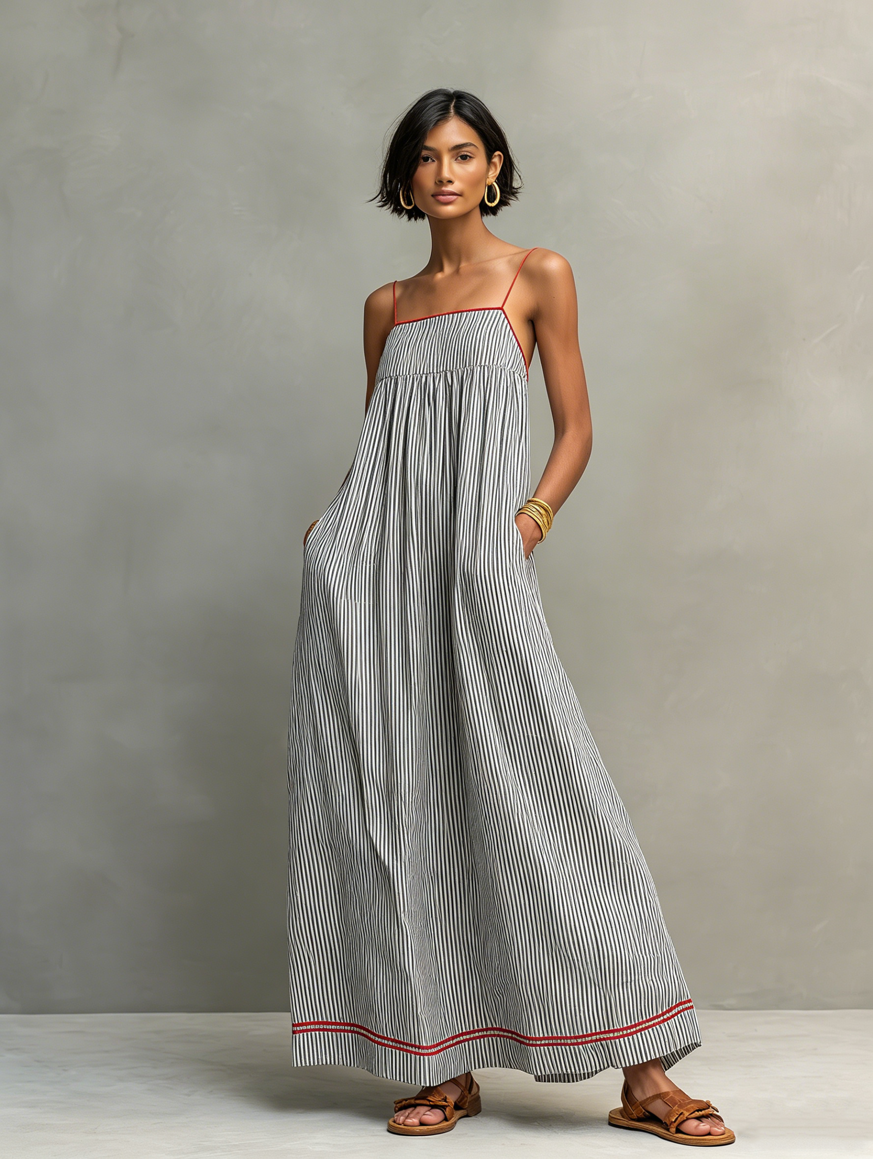 Minimalist Striped Maxi Dress for Women with Red Trim and Spaghetti Straps MDZ2710C3Y