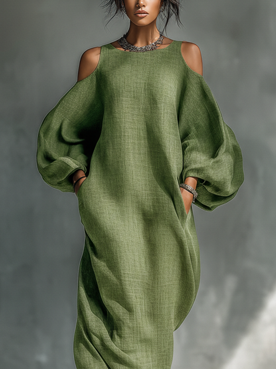 Light Green Maxi Dresses for Women with Off-Shoulder Design, Large Puff Sleeves, and Side Pockets MDZ1004B7T