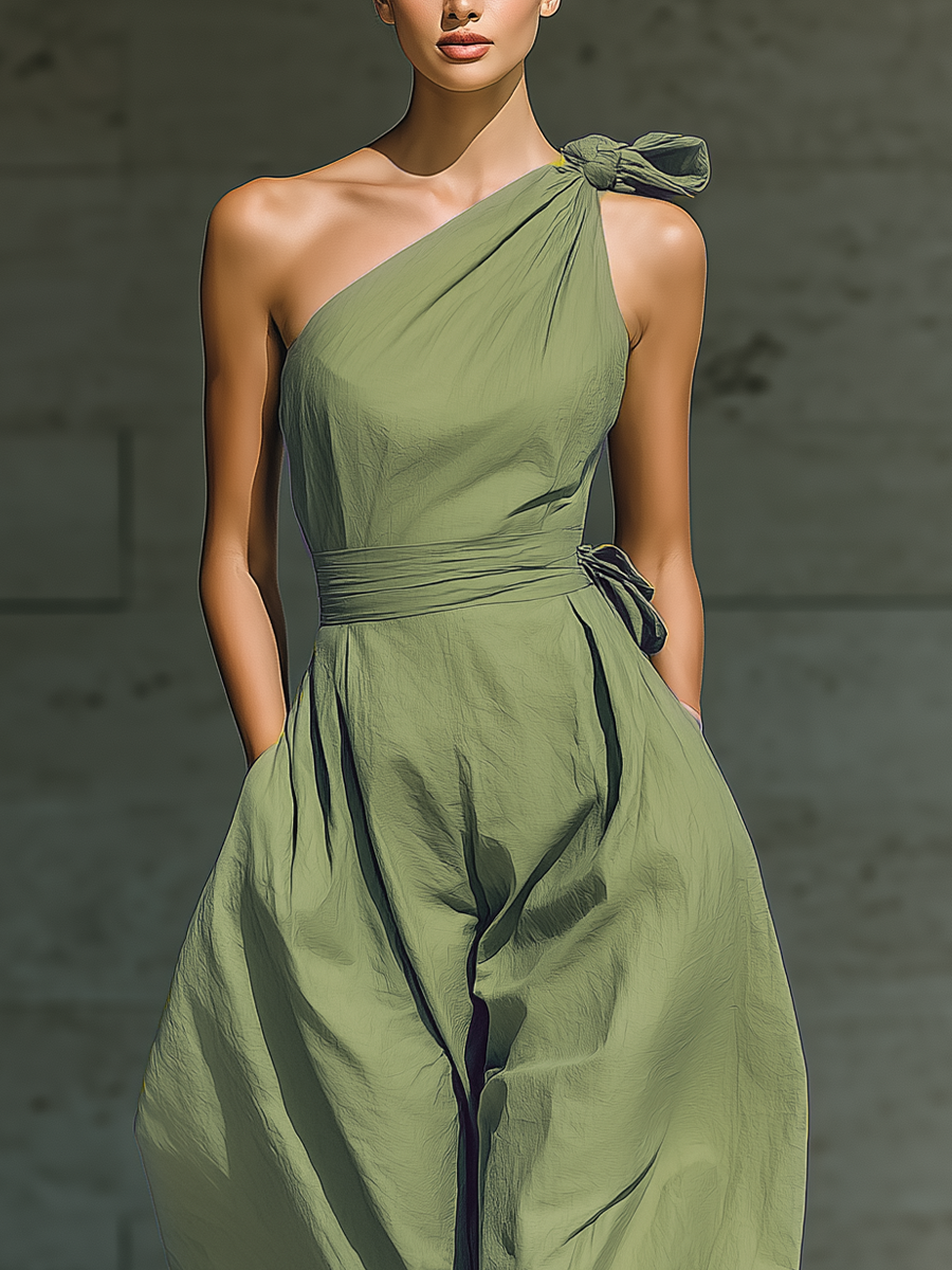 One-Strap Wide-Leg Jumpsuit in Light Green for Women with Tied Waist MDZ3136A8T
