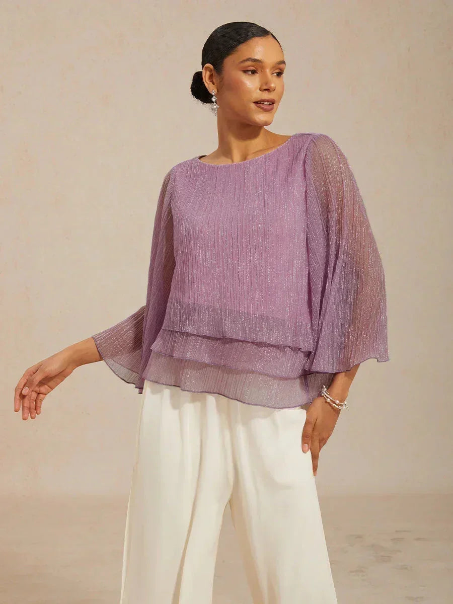 Asymmetrical Layered Shirt in Crinkled Metallic Chiffon