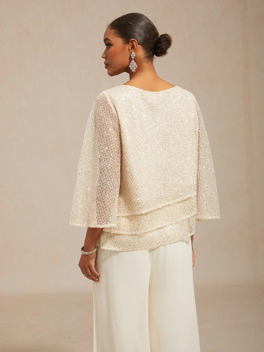 Layered mesh top with sequins and bell-shaped sleeves