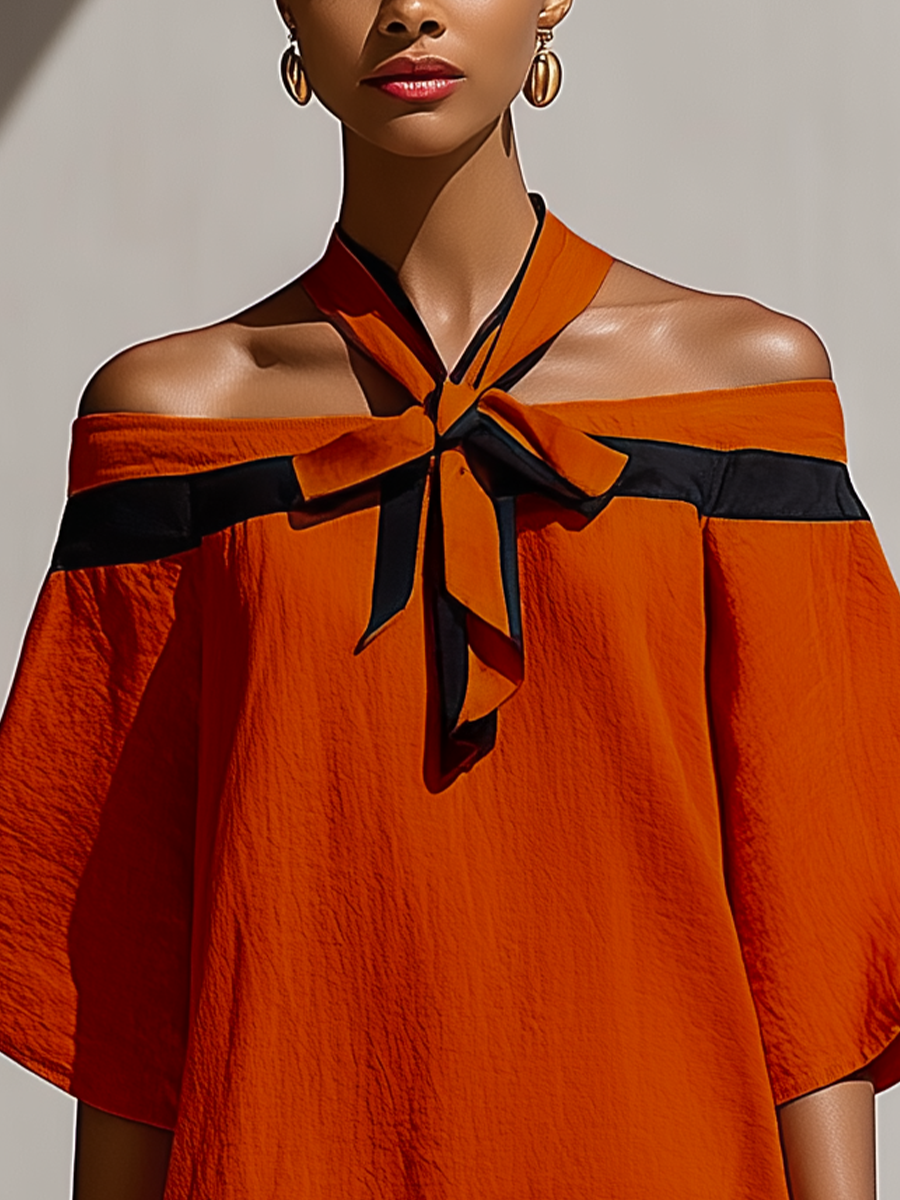 Orange Mini Dress for Women with Black Tie Details at the Neck MDZ1340E3T