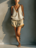 Two-Piece Set Tank Top with V-Neck and Khaki Skirt for Women in Beige MDZ2086C2T