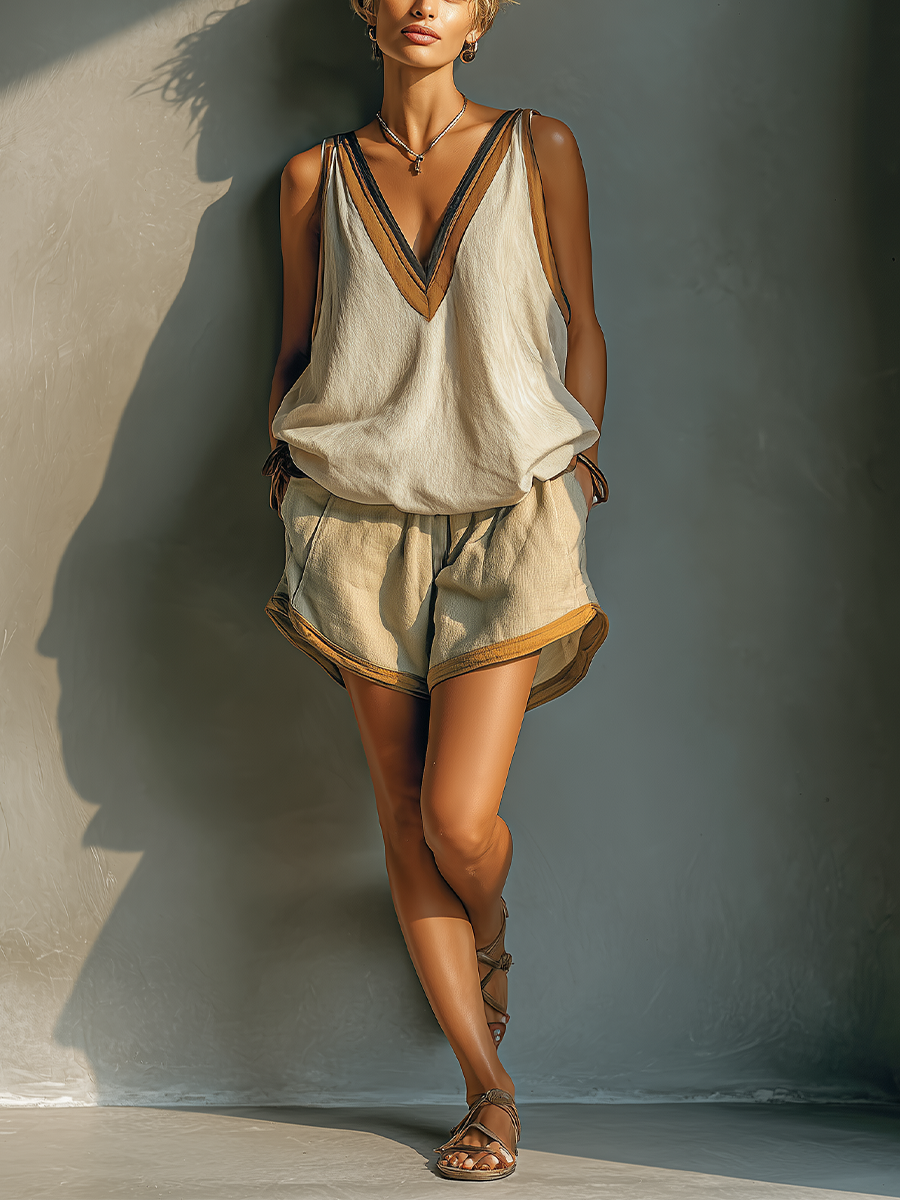 Two-Piece Set Tank Top with V-Neck and Khaki Skirt for Women in Beige MDZ2086C2T