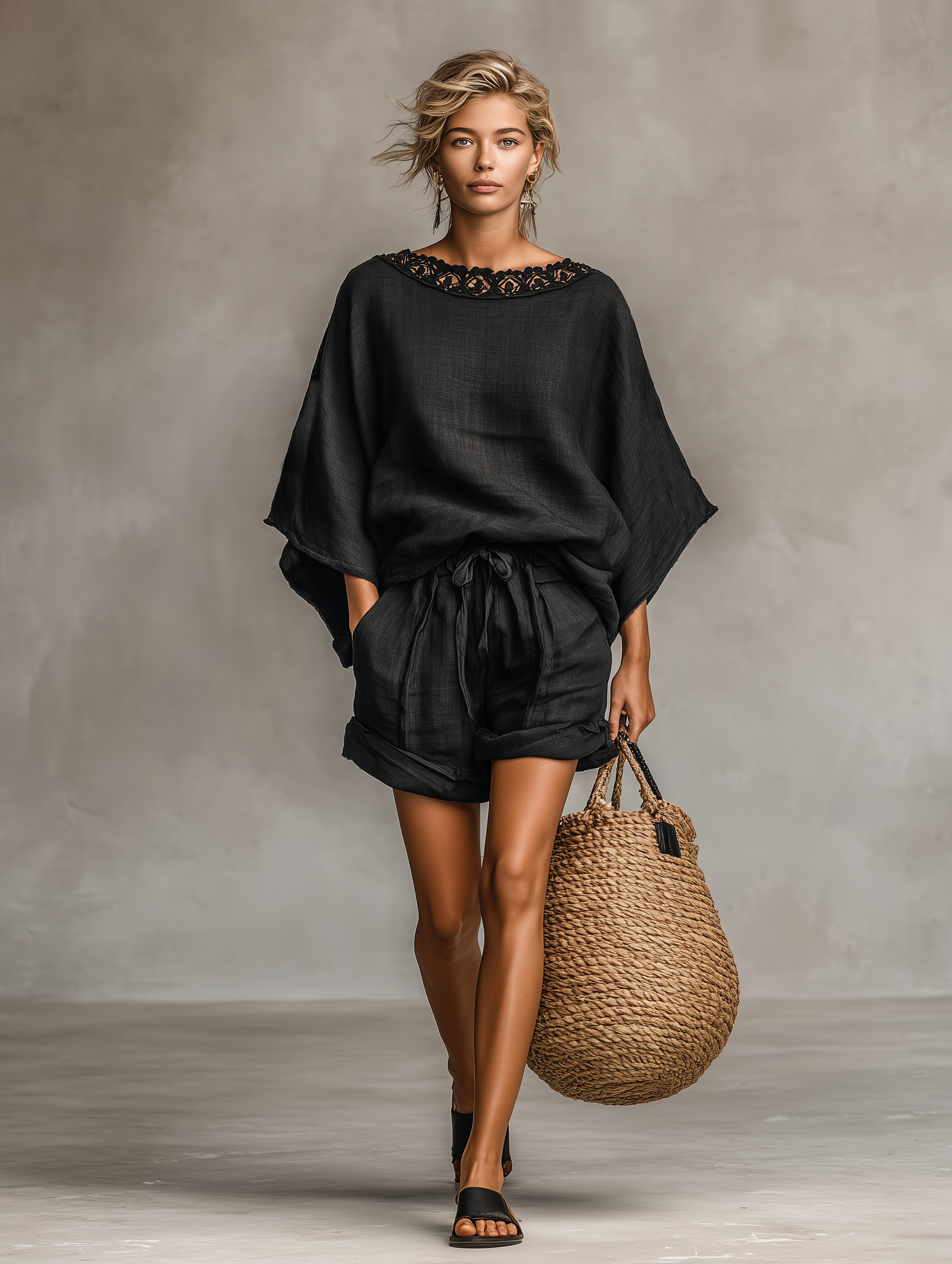 Women's Short Sleeve Top and Shorts Set Made from Blended Fabrics with Linen, Lace Boat Neck MDZ1635A9Y