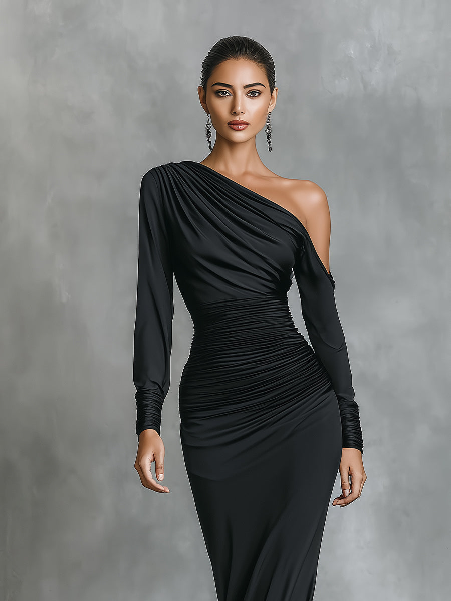 Elegant Black Maxi Dresses for Women with One Shoulder and Ruffles MDA2278I0I