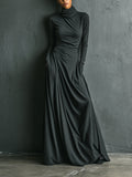 Women's Anthracite Maxi Dress with High Collar Made of Elegant Poly-Cotton Fabric MDA1727J1I