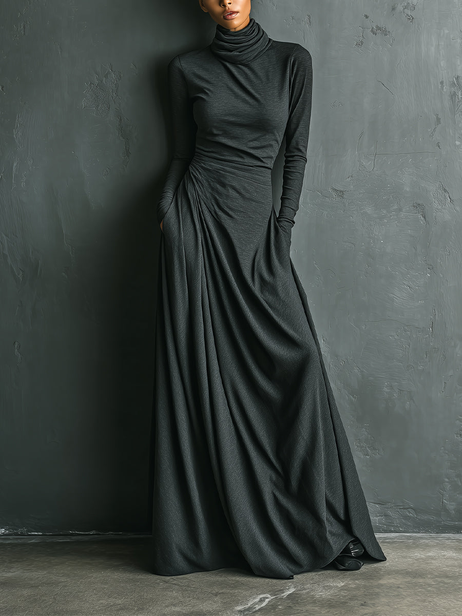 Women's Anthracite Maxi Dress with High Collar Made of Elegant Poly-Cotton Fabric MDA1727J1I