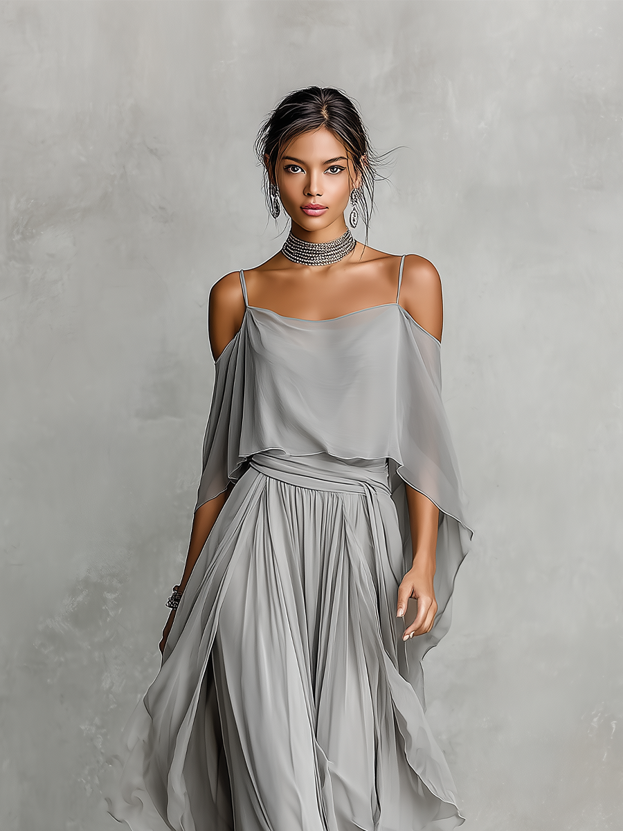 Gray chiffon set for women with cold shoulder details and an A-line silhouette, luxurious modern-feminine style MDZ2651B6I