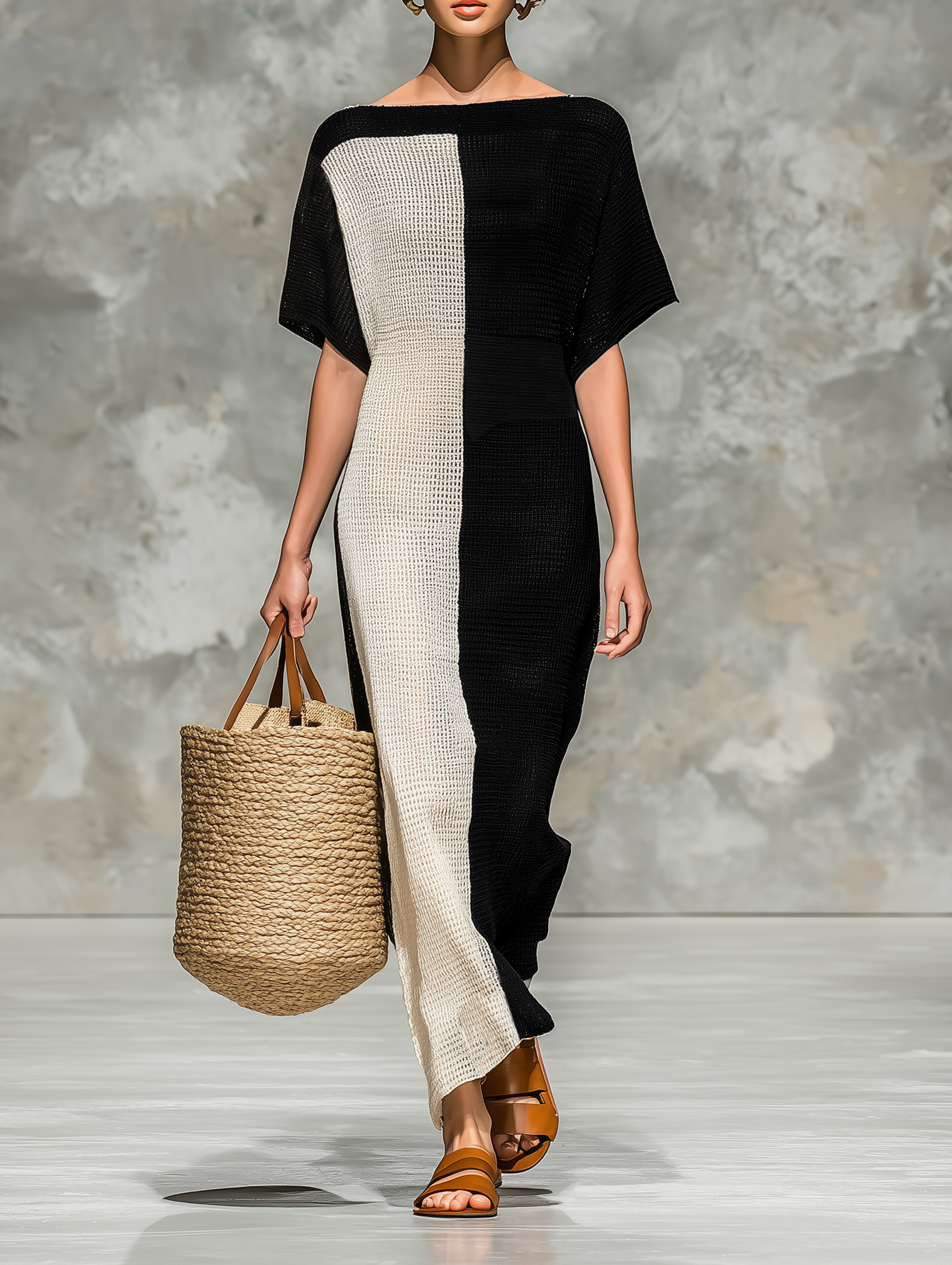 Short Maxi Dress with Boat Neck for Women, Knitted in Minimalism MDZ0969A4Y