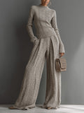 Elegant Textured Sweater Set in Top Color for Women with Wide Pants - MDA1453H6I