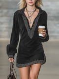 Mini dress with embroidered shirt collar made of synthetic leather for women in vintage style MDA1807I4Y