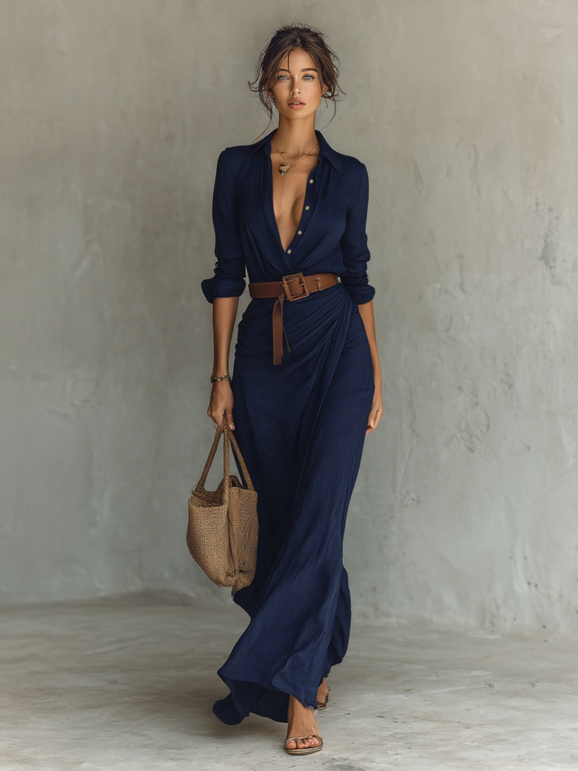 Maxi Dresses with Collar for Women, Long Sleeves and One Closure MDA1500G4Y