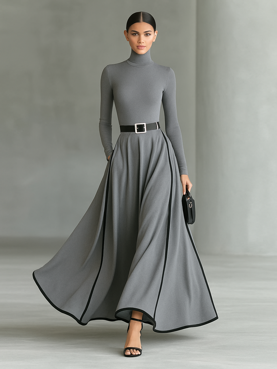 Black maxi dress with white stitching, high collar, long sleeves, and a slim waist