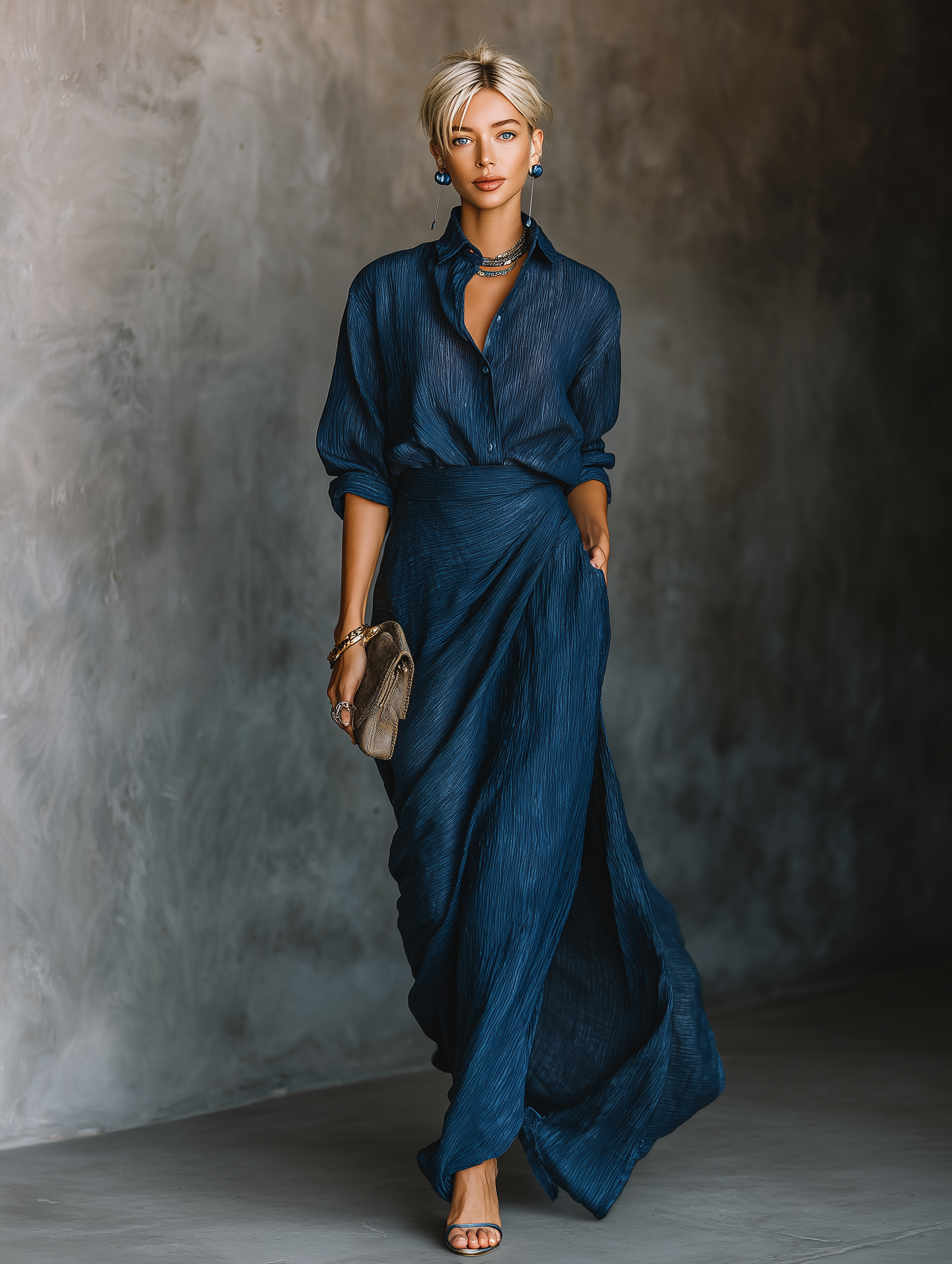Long Skirt and Elegant Top Set in Dark Blue Cotton and Linen