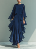 Navy Blue Chiffon Women's Top with Flared Sleeves and Straight Pants with Pleated Details MDZ2218A5T