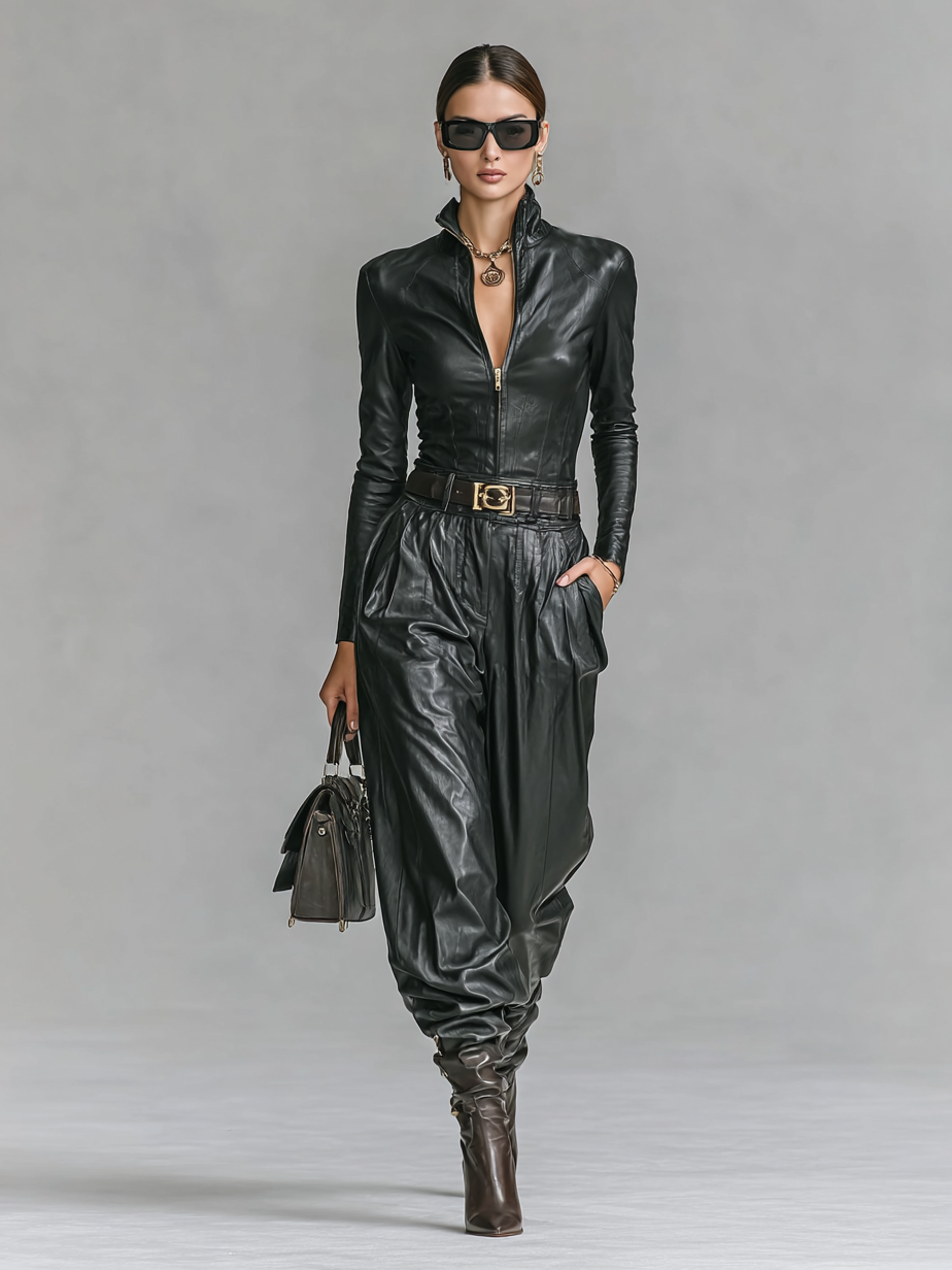 Women’s PU Leather Top and Pants Set with Zipper and Collar (No Belt) MDA2743H0Y