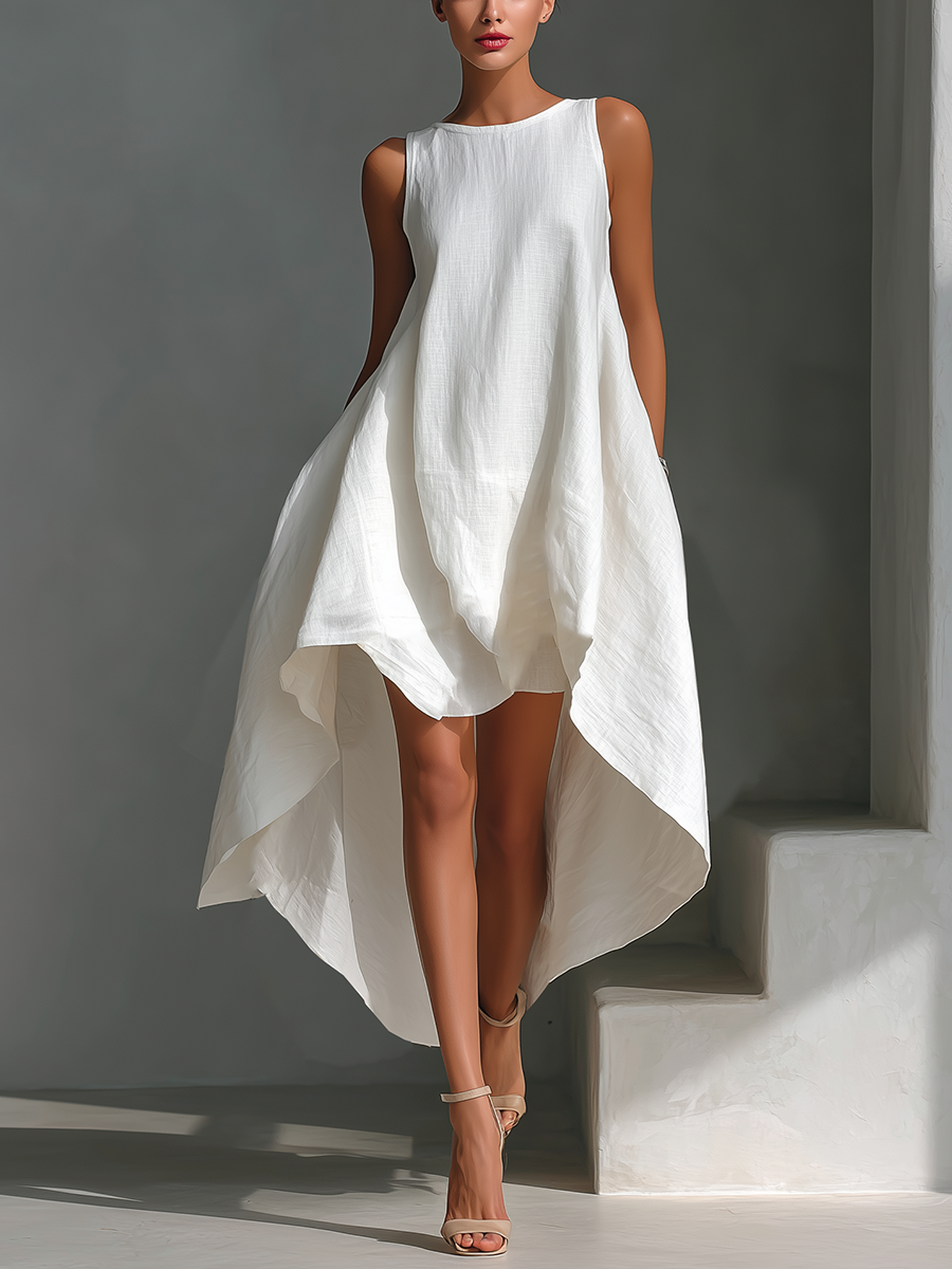 White Linen Sleeveless Midi Dresses for Women with Round Neck and Asymmetrical Skirt MDZ0987B9T